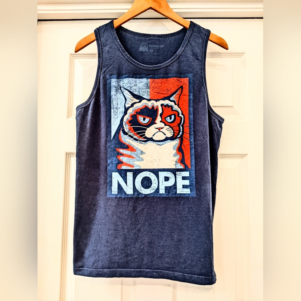 Grumpy Cat funny cotton tank top Small Navy NOPE sassy